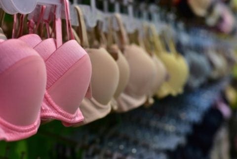 Row of bras in underwear shop